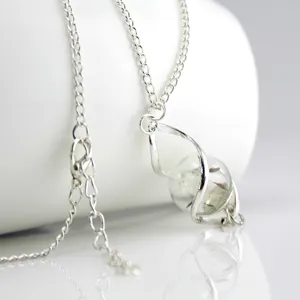 Delicate glass globe pendant necklace featuring natural dandelion seeds and silver chain.