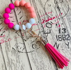 Bunter Silikon Perlen Armband Schlüsselanhänger mit PU Leder Quaste für Damen Alltag Mode