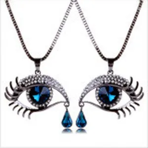 Gothic blue crystal eye pendant necklace vintage style long sweater chain jewelry accessory