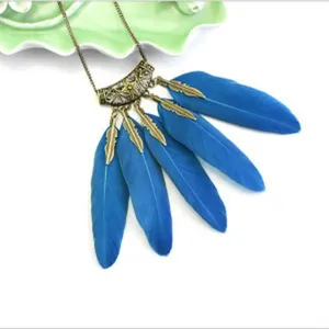 Vintage bohemian blue feather statement necklace with bronze metal chain for women fashion style.