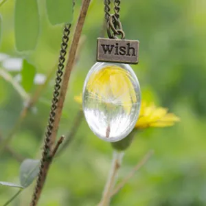 Detail shot of a vintage bronze wish pendant necklace with clear glass dandelion seed.