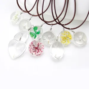 Handmade dried flower glass pendant necklace crystal dandelion clover plant jewelry gift