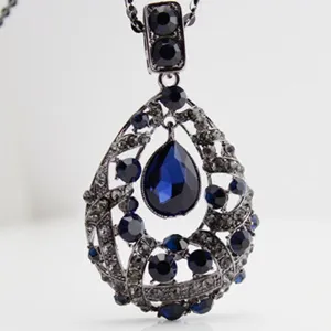 Exquisite teardrop rhinestone pendant necklace with deep blue crystal for women elegant jewelry