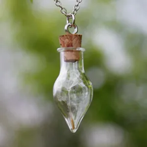 Close-up detail of a delicate dandelion seed encased in a clear glass bottle pendant necklace.