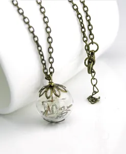 Primo piano di collana con sfera di vetro riempita di semi di tarassaco e catena.