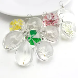 Handmade Dried Flower Glass Ball Necklace Transparent Resin Dandelion Clover Pendant Ins Style Botanical Jewelry Gift