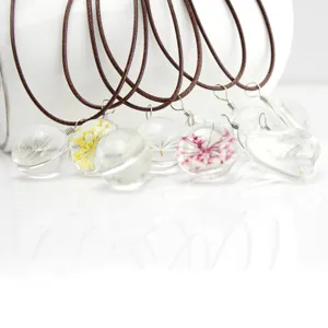 Dried flower glass pendant necklace, cute crystal orb and heart floral necklace for women gift.