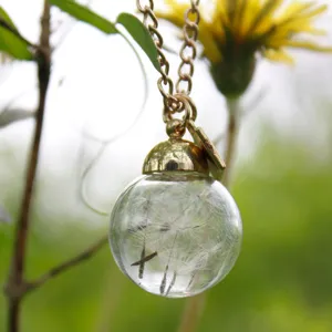 Close-up of glass ball pendant necklace featuring delicate natural dandelion seeds inside.