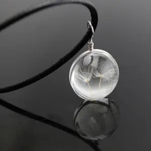 Dandelion dried flower glass globe pendant necklace with black cord for women fashion gift