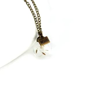 Vintage dandelion glass ball necklace with wish tag, clear seed pendant sweater chain jewelry.