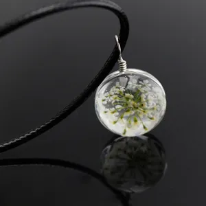 Clear glass ball dried flower pendant necklace with black cord for women fashion gift