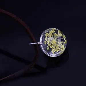 Handmade dried flower glass ball pendant necklace with brown leather cord for women gift