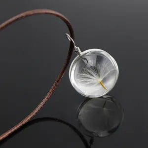 Dandelion dried flower glass ball necklace pendant with brown braided leather cord for women gift.
