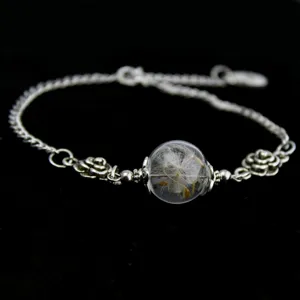 Bracciale catena argento sfera vetro tarassaco fatto a mano pianta naturale regalo top