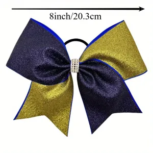 Glitter cheer hair bow for girls, large purple and gold bow with rhinestones and elastic band.
