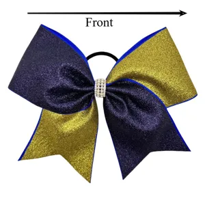 Kids glitter cheer bow hair tie with purple gold panels and rhinestones, bright hair accessory.