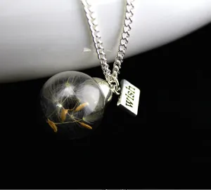 Detail view of a silver chain necklace featuring a glass ball with dandelion seeds and wish charm.