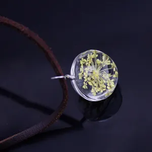 Handmade dried flower glass crystal ball pendant necklace with brown leather cord for women gift.