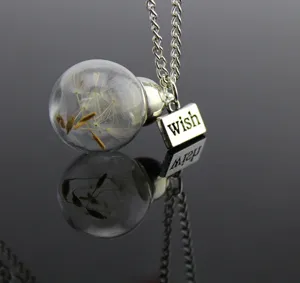 Dandelion glass ball necklace with wish letter charm dried flower jewelry for women