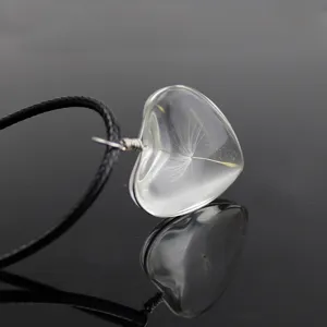 Close-up detail shot of clear glass heart pendant with real dandelion seed and black cord.