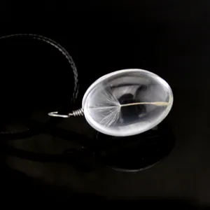 Clear glass resin oval pendant necklace featuring a real natural dandelion seed inside.