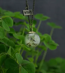 Vintage bronze glass globe dandelion seed necklace with wish tag, natural style jewelry.