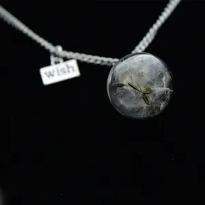 Detailed close-up view of the clear glass globe pendant necklace featuring natural dandelion seeds.