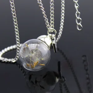 Handmade Dandelion Dried Flower Glass Ball Pendant Necklace Vintage Bronze Silver Sweater Chain Fashion Jewelry Gift