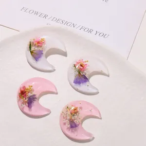 Resin dried flower crescent moon charms pink white DIY jewelry phone case accessories