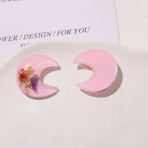 Pink resin crescent moon dried flower DIY accessories for hair clips earrings phone cases