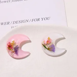 Pink white resin crescent dried flower DIY accessories for hair clips phone cases earrings