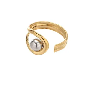 Edelstahl offener Ring für Damen, stilvolles zweifarbiges geometrisches Design mit Metallkugel.