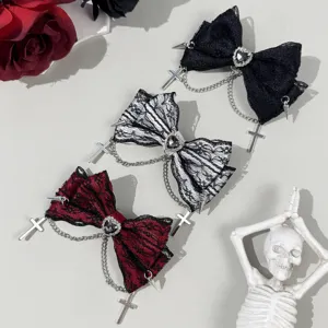 Γοτθικός φιόγκος μαλλιών από δαντέλα Lolita με αλυσίδα σταυρού, σκούρο αξεσουάρ.