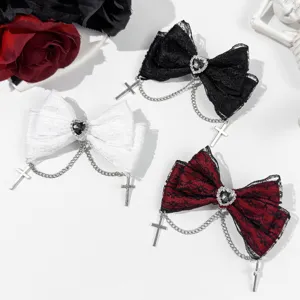 Κλιπ μαλλιών Lolita gothic φιόγκος με αλυσίδα σταυρού και στρας καρδιάς για στυλ.