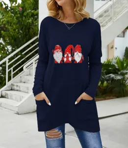 Casual long sleeve t-shirt for women featuring cute gnome print and handy pockets.