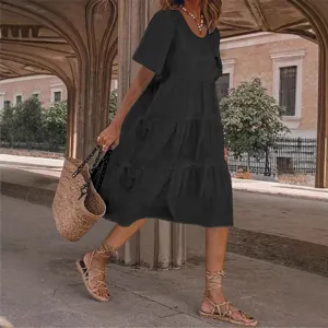 Robe Femme Été Col U Couleur Unie Casual Étage Manches Courtes Robe Midi Élégante