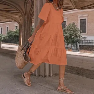 Robe midi décontractée d'été à manches courtes unie à volants mode style urbain chic