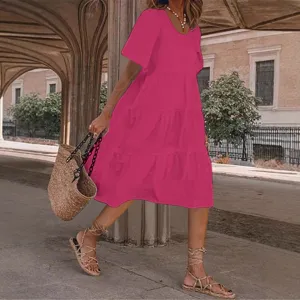 Jolie robe mi-longue décontractée d'été unie pour femme à col U et manches courtes
