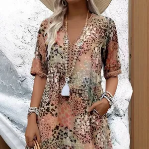 Robe Femme Mode Imprimée Dentelle Col en V Manches Courtes Style Européen Bohème Midi Robe en Tricot Avec Poche Vêtements Vacances