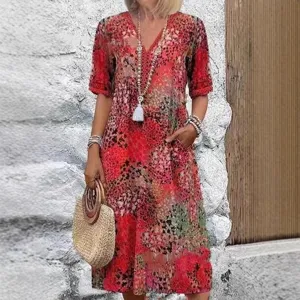 Robe longue femme été col V manches courtes imprimé décontracté avec poches style casual