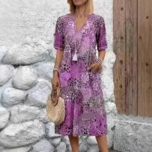 Robe midi élégante pour femmes imprimé violet col V manches courtes tenue décontractée