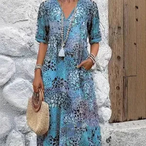 Robe longue décontractée imprimée à manches courtes et col en V style européen
