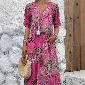 Robe longue femme décontractée imprimé floral col V manches courtes avec poches