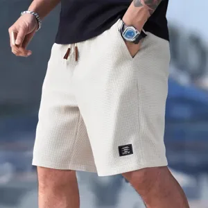 Short Décontracté pour Hommes en Gaufre Mélange de Coton et Polyester Coupe Ample avec Cordon de Serrage Sport d'Été Grande Taille
