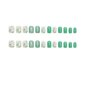 Set unghie finte medie quadrate verdi floreali brillantini per manicure quotidiana 24pz