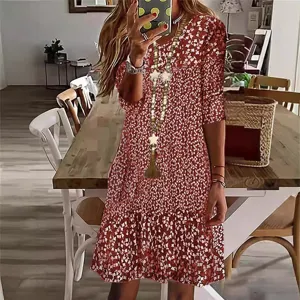 Women Elegant Polyester Floral Print Midi Dress V-Neck Three-Quarter Sleeve Ruffle Hem A-Line Dress Casual Holiday Daily Party Robe