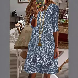 Floral print V-neck mid-sleeve midi dress casual summer women elegant fashion apparel