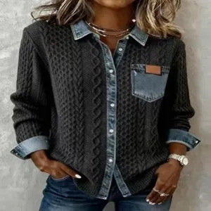 Femme chemise patchwork tricot denim casual manches longues cardigan automne hiver haut