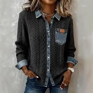 Veste Chemise en Tricot et Denim Patchwork pour Femme Manches Longues Couleur Contrastée Boutonnée Casual Hiver Automne