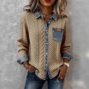 Cardigan chemise en jean tricoté mode pour femme, haut décontracté à manches longues.